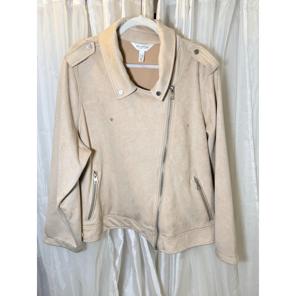 Addition Elle Moto Jacket Womens 5X Beige Faux Suede Asymmetrical Zip Biker